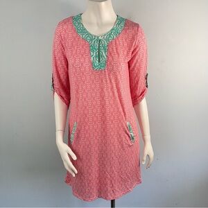 Cabana Life Printed Tunic Shift Dress Pockets Size Small 3/4 Roll Tab Sleeves